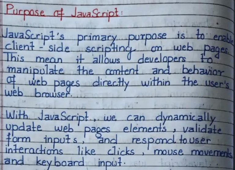 Notebook page with handwritten notes about the purpose of JavaScript.