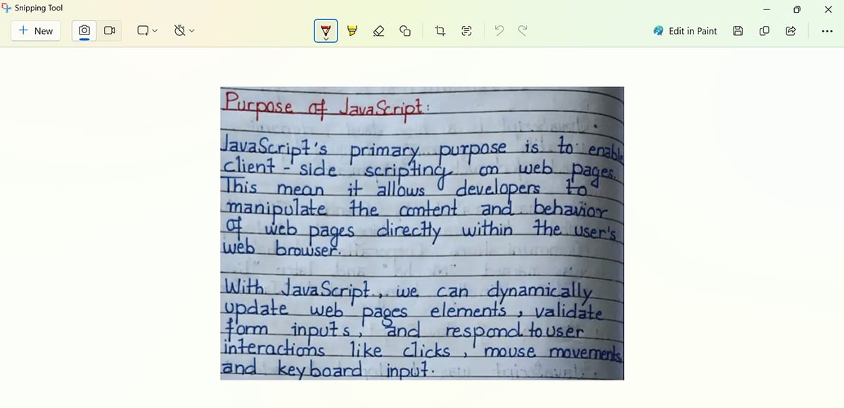 Windows Snipping Tool displaying a handwritten note before text extraction.