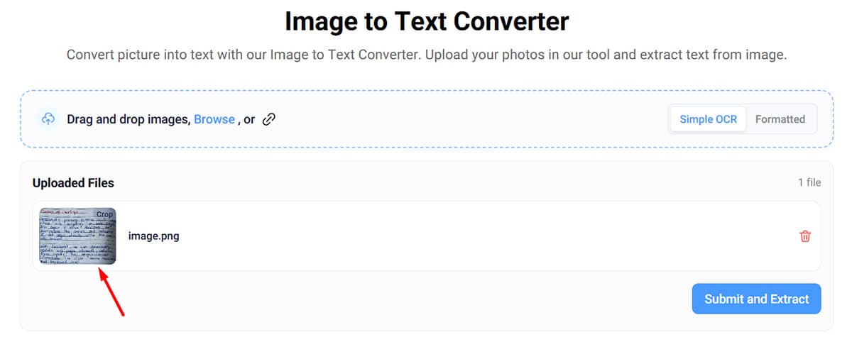 Image to Text Converter showing a handwritten note uploaded before text extraction.