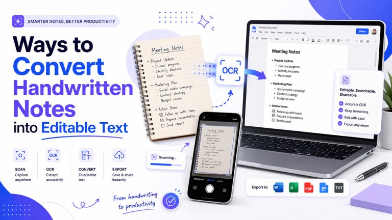 Graphic showing OCR converting handwritten notes into editable text on a laptop and phone.