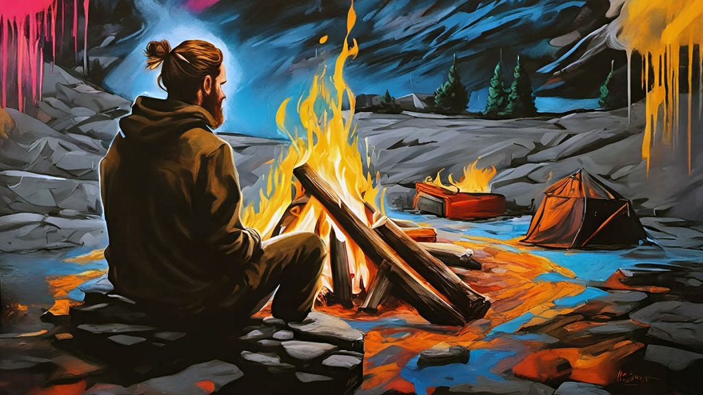 Man alone by campfire