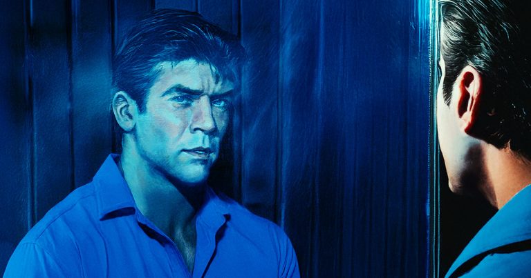 Man seeing dark reflection in mirror