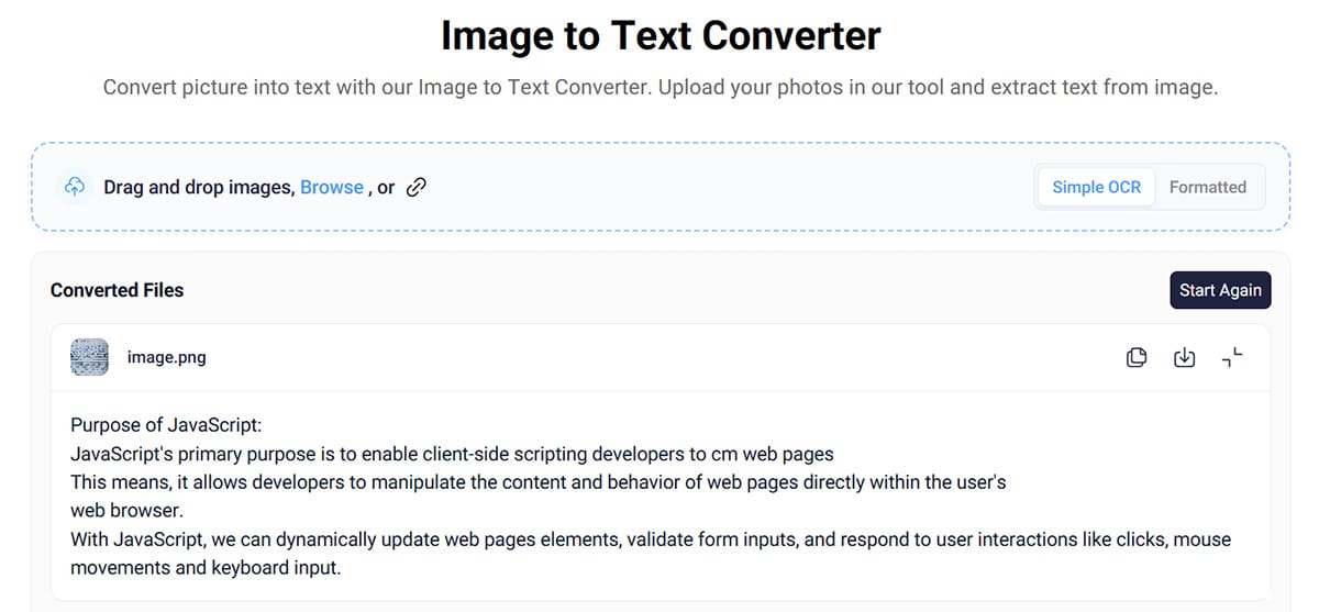 Image to Text Converter showing handwritten JavaScript notes converted into editable text.