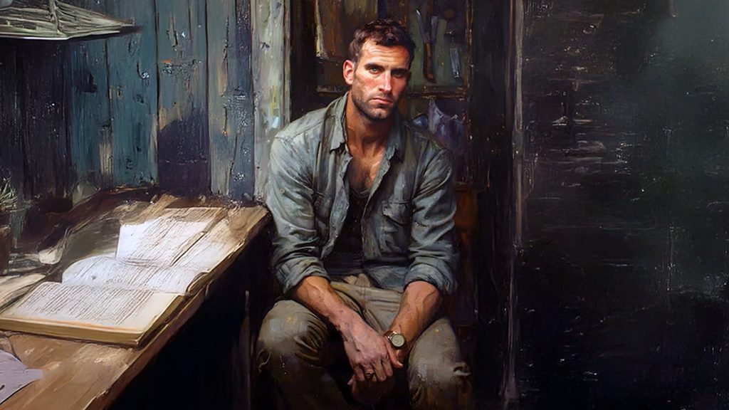 Rugged man sitting at desk