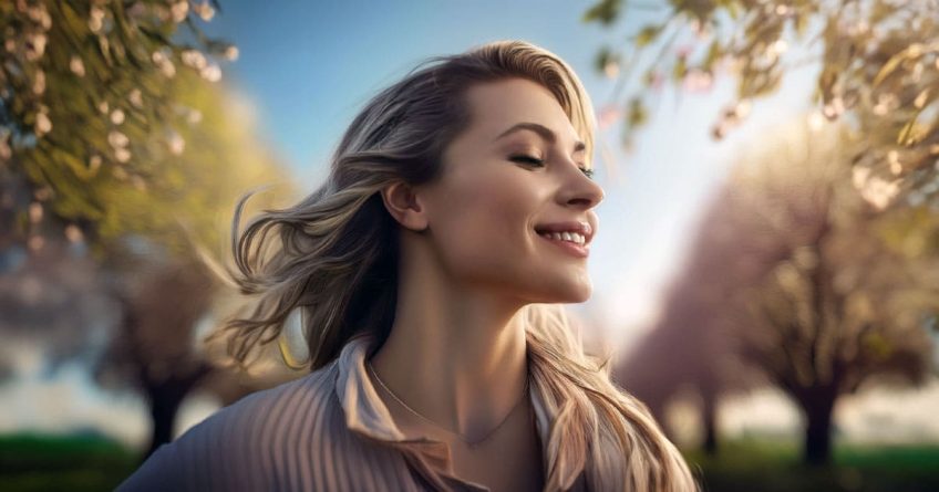 Smiling woman walking through parkland