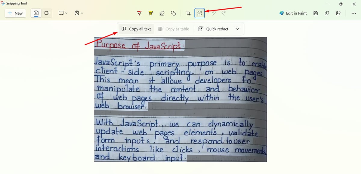 Windows Snipping Tool showing the Scan Text feature and Copy all text option for a handwritten note.