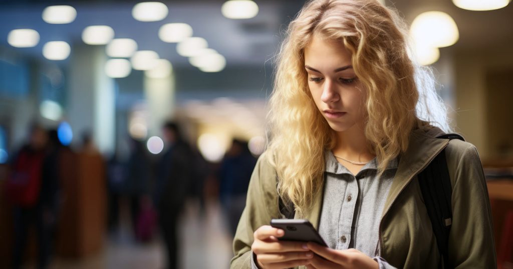 Young woman using phone in public hallway